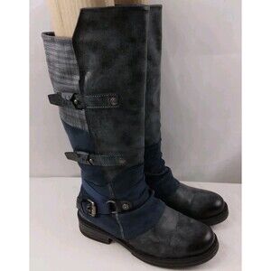Rieker 92284-45 Franka Gray Blue Buckle Knee-High Boots Steampunk Size EU 37 6